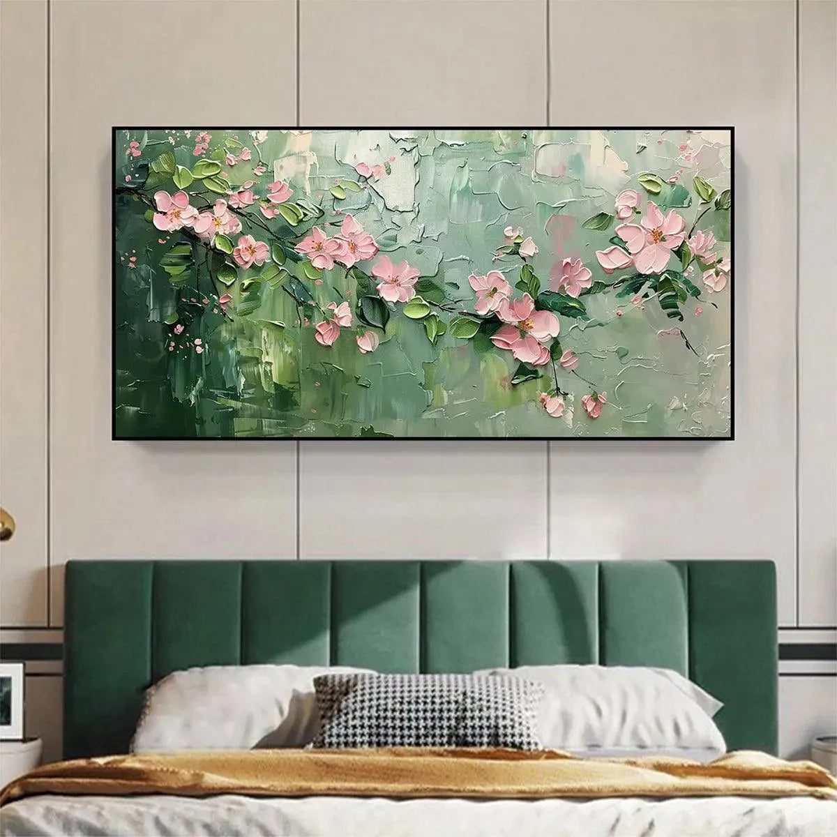 SPRING BLOSSOM: Textured Pink Floral Painting on Green Background - Image 2