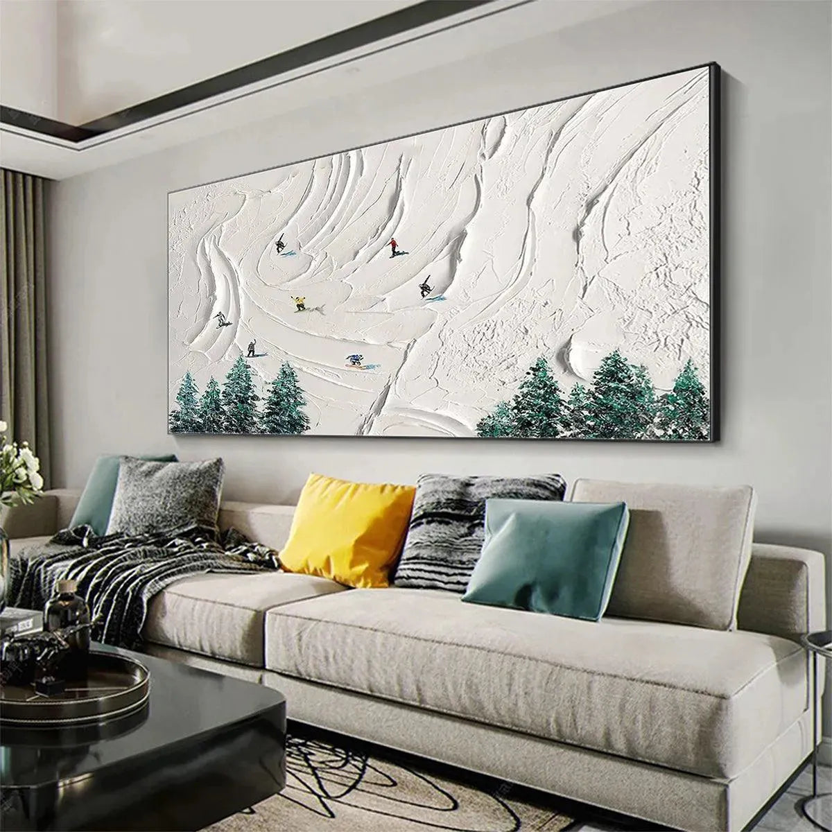SNOWY PEAKS: Textured Minimalist Winter Landscape Painting with Skiers - Image 8