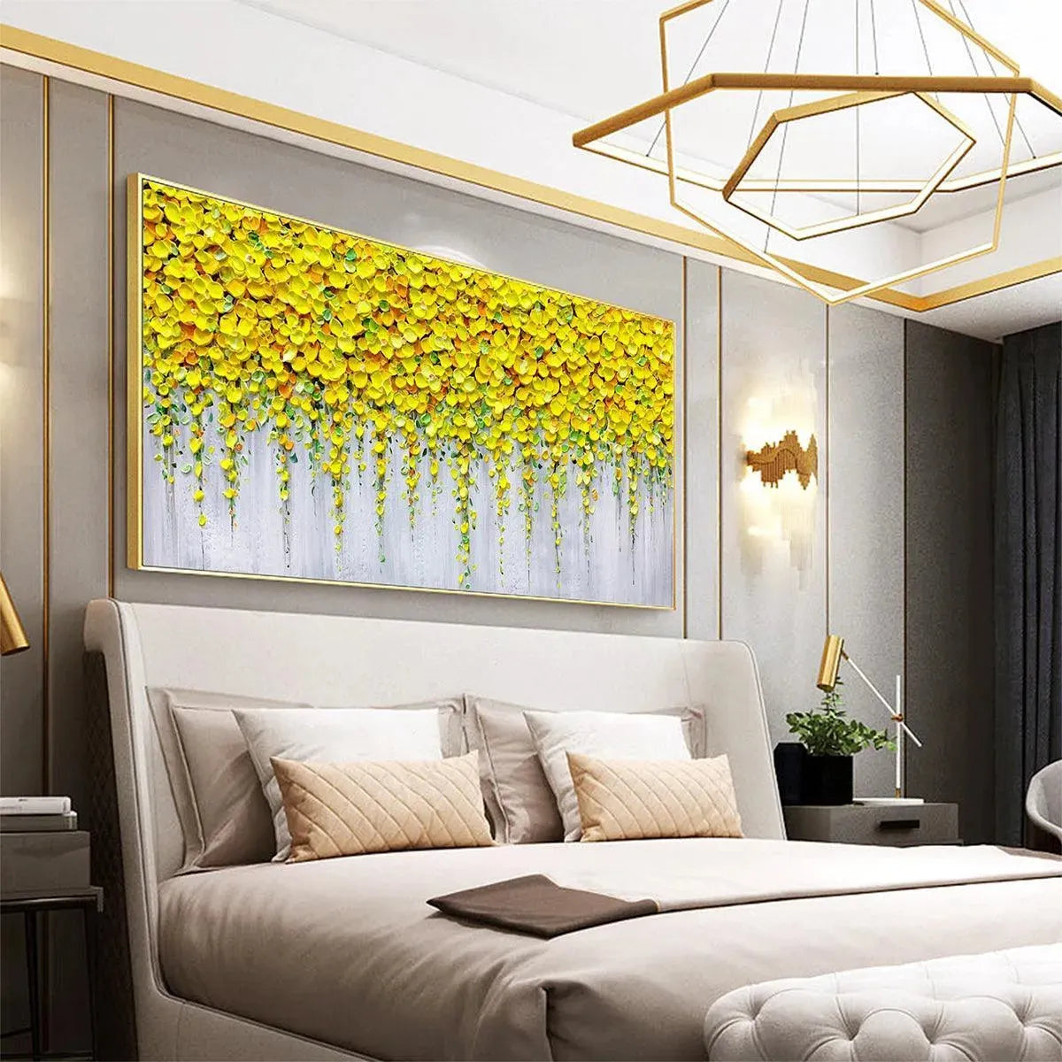 GOLDEN CASCADE: Textured Yellow Floral Painting on Grey Background - Image 7