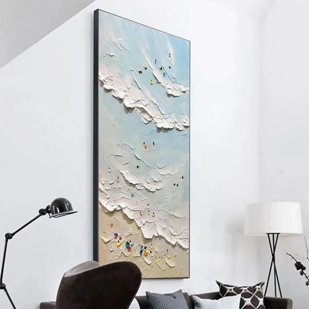 SUMMER BEACH: Textured Beach Scene Painting with Surfers and Swimmers - Image 5
