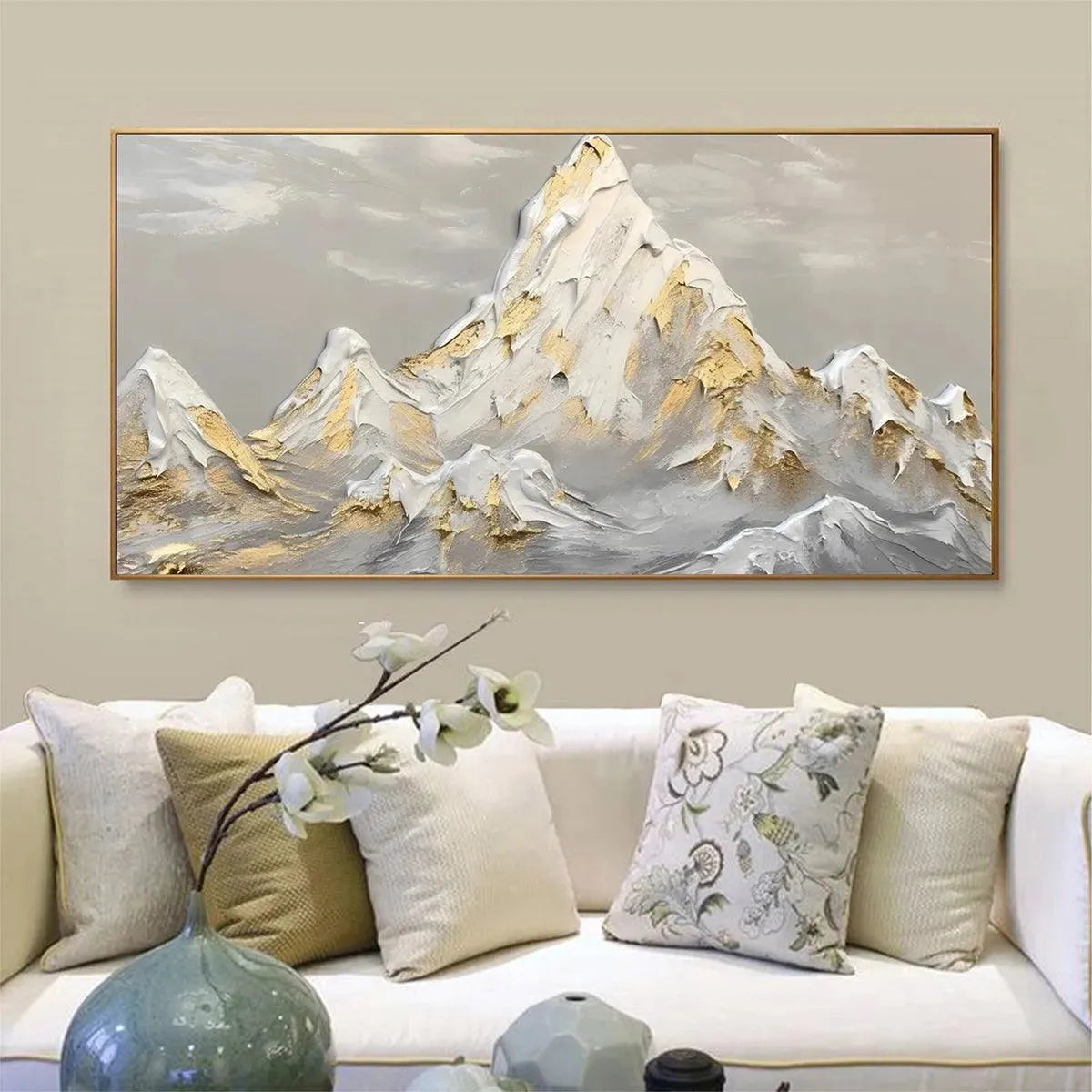 GOLDEN PEAKS: Textured Mountain Landscape Painting in Gold and Grey - Image 2