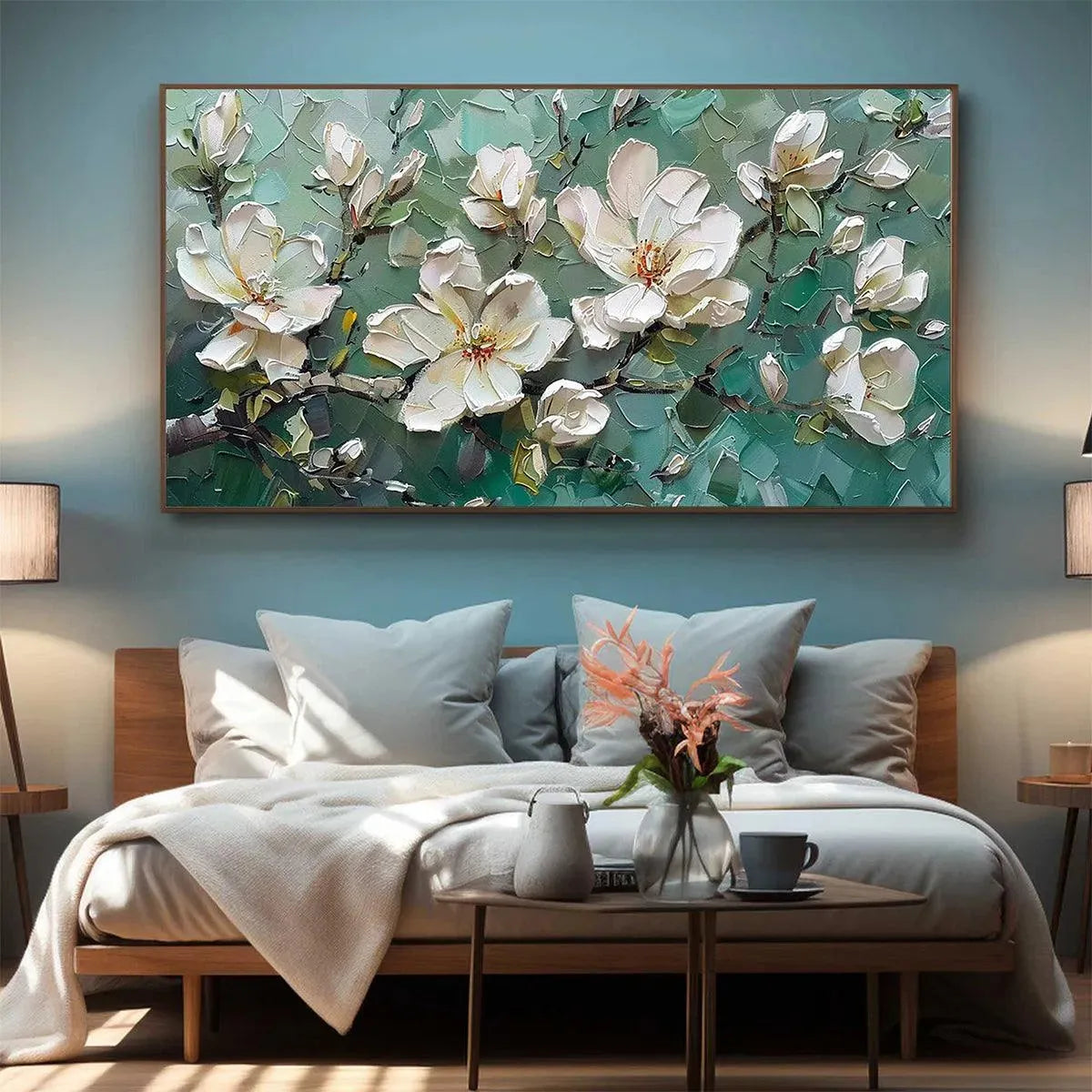JADE MAGNOLIAS: White Magnolia Impasto Painting for Living Room - Image 8