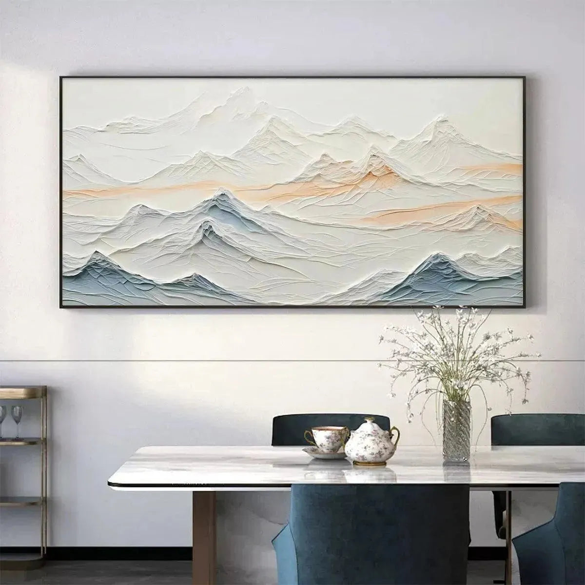TRANQUIL PEAKS: Textured Abstract Mountain Landscape Painting in Beige and Blue - Image 7