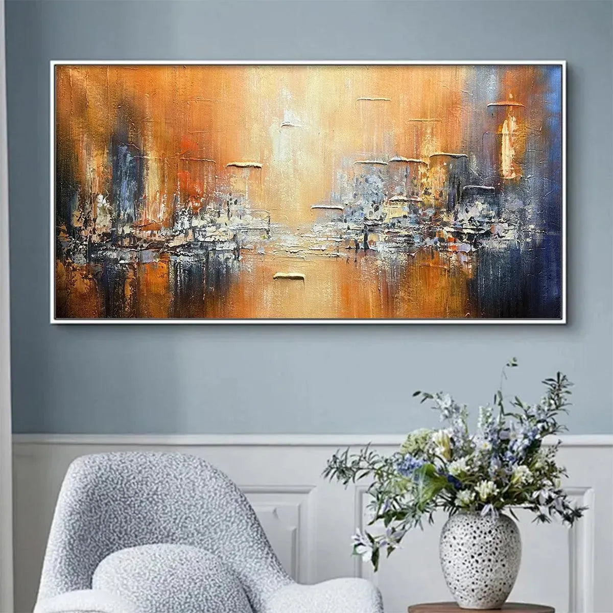 GOLDEN CITY: Textured Abstract Cityscape Painting in Orange and Blue - Image 7