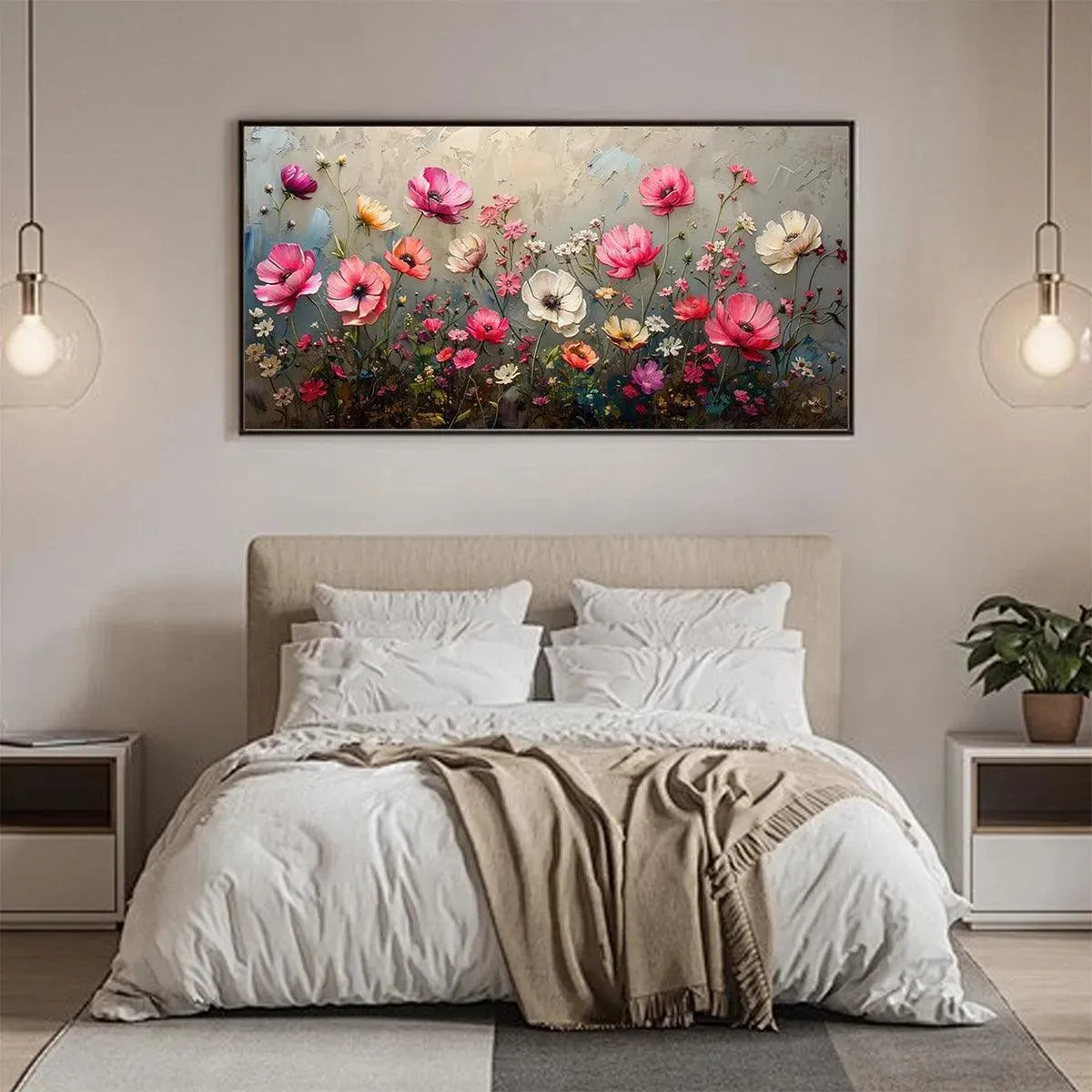 SUMMER BLOOM: Textured Pink and White Floral Painting on Grey Background - Image 6