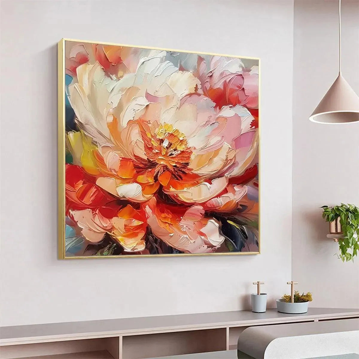 BLOOMING PEONY: Textured Impasto Peony Painting in Pink and Orange - Image 7