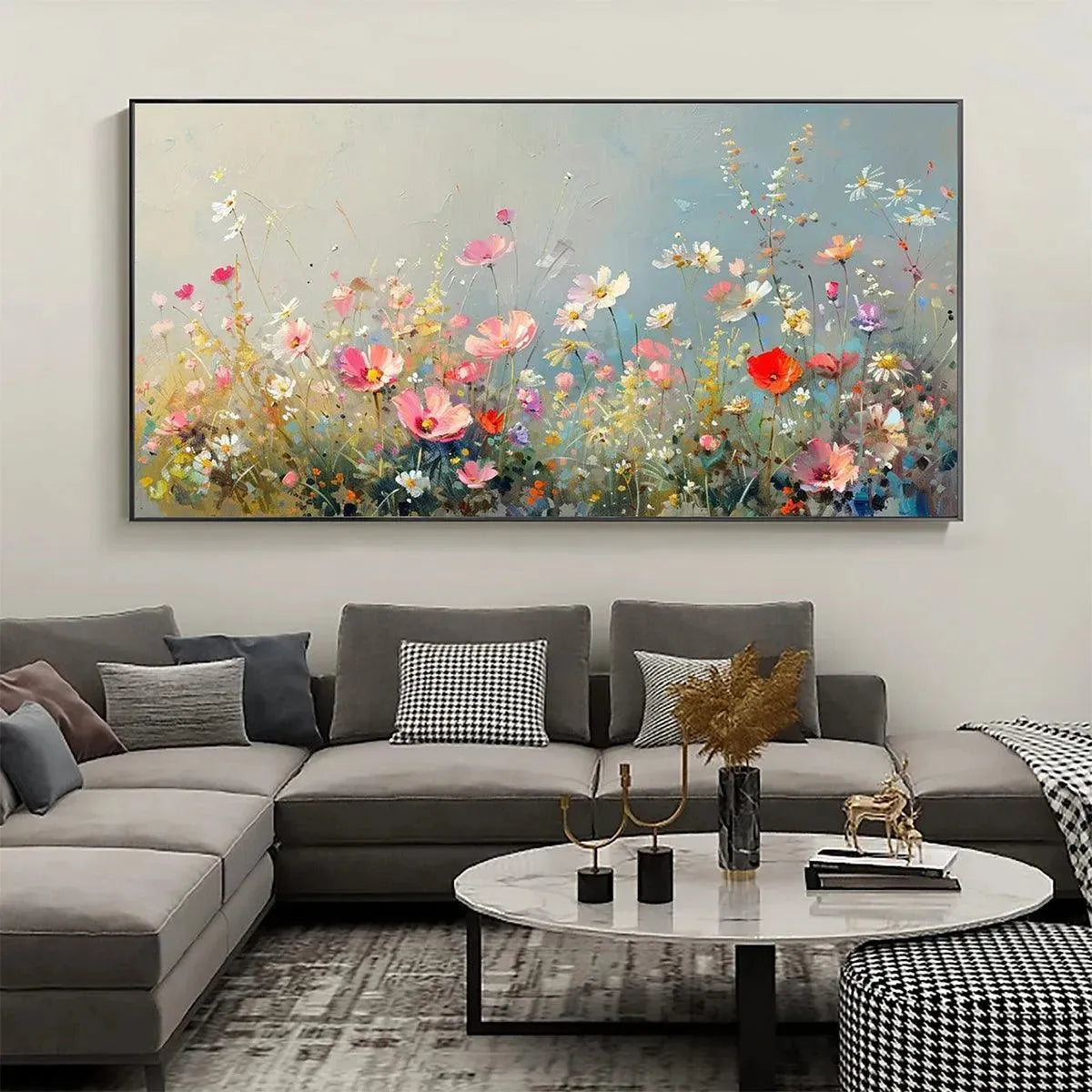 WILD MEADOW: Panoramic Floral Landscape Painting in Pink and White - Image 2
