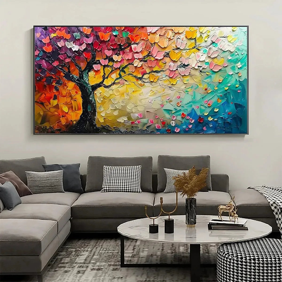 WHISPERS OF AUTUMN: Textured Impasto Tree Painting with Colorful Butterflies - Image 4