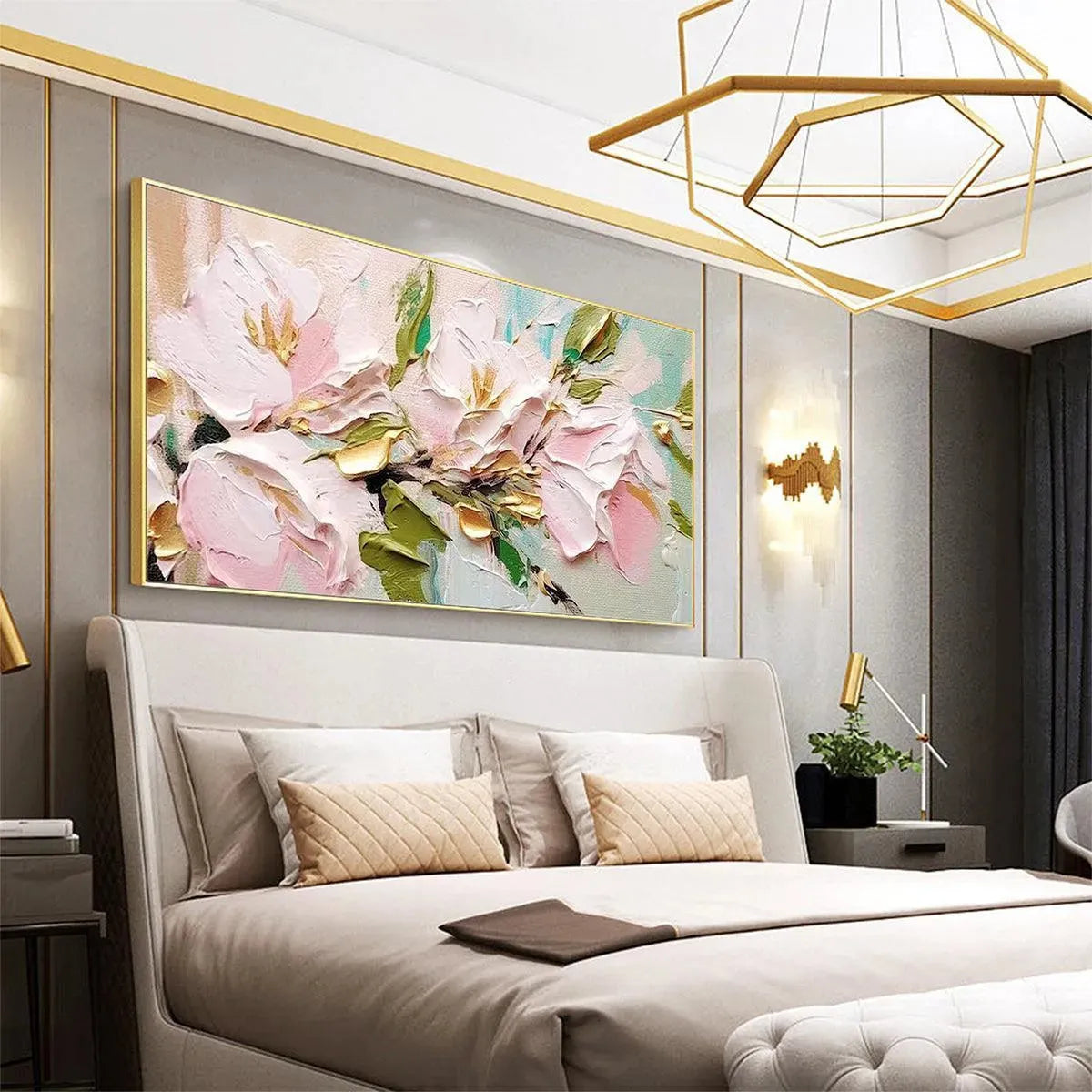 GOLDEN BLUSH: Textured Pink and Gold Floral Impasto Painting - Image 7
