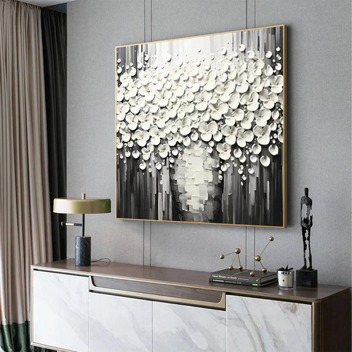WHITE BOUQUET: Textured White Floral Painting on Grey Background - Image 6