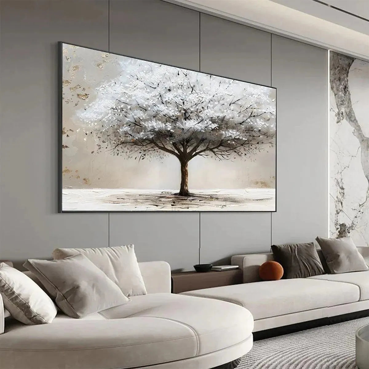 WINTER'S GRACE: Textured White Tree Painting with Gold Accents on Beige - Image 7
