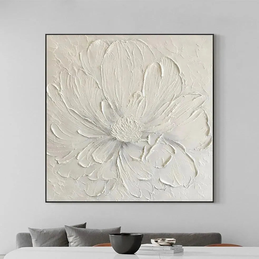 WHITE PEONY: Textured Minimalist Floral Painting in White - Image 8