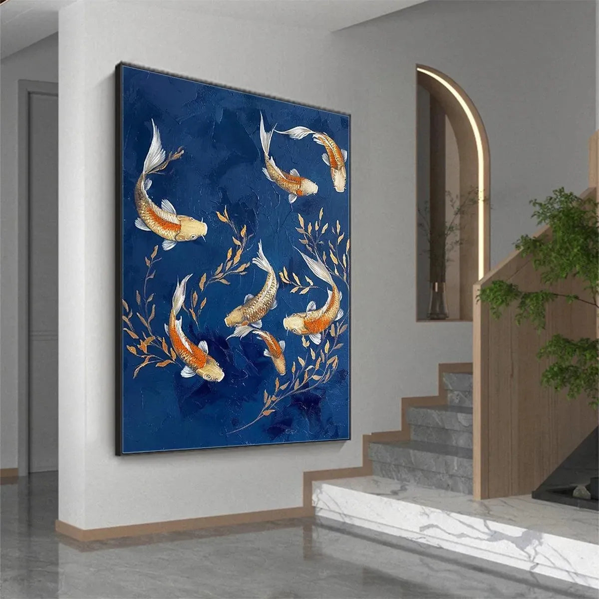 GOLDEN KOI: Vertical Koi Fish Painting on Blue Background - Image 8