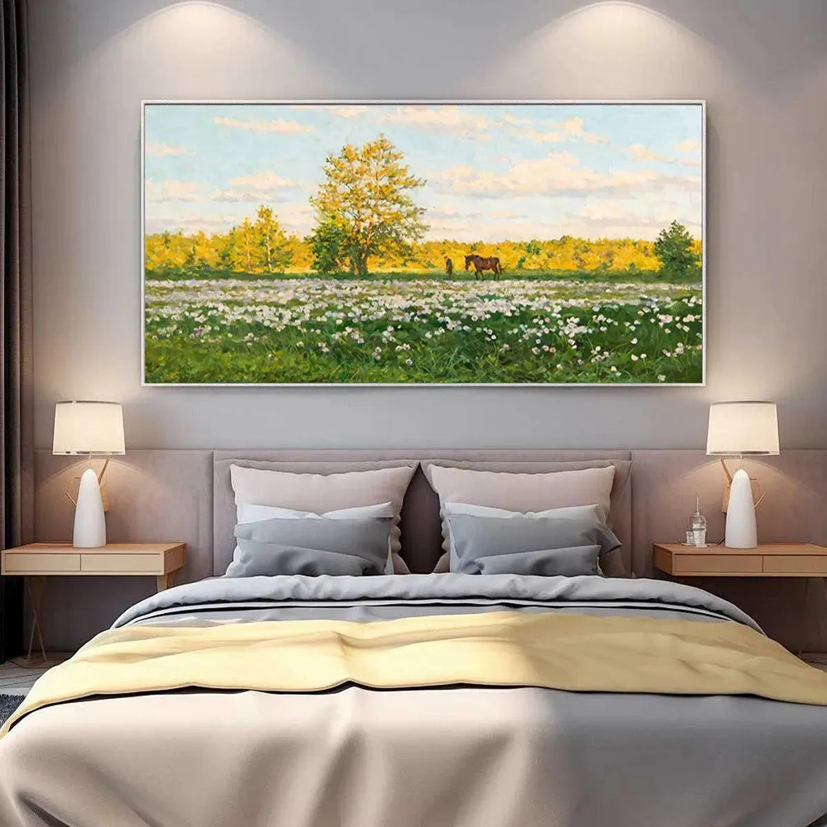 SUNLIT MEADOW: Tranquil Landscape Painting with Horse and Figure - Image 8