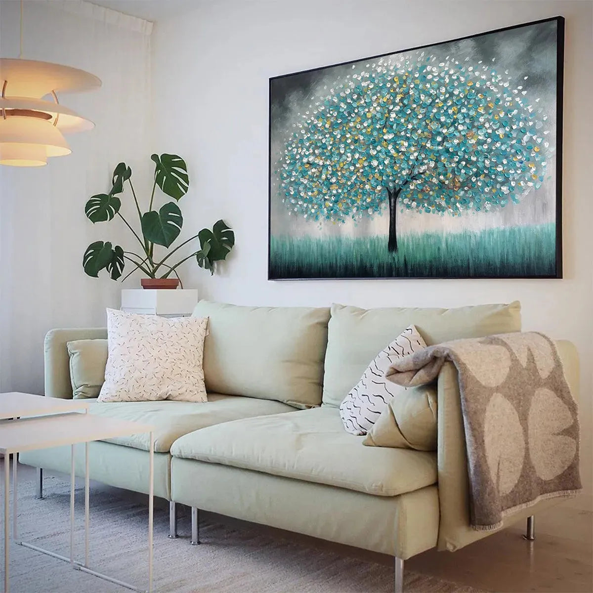 TEAL DREAM: Textured Tree Painting in Teal and Grey, Horizontal Canvas, Modern Wall Art - Image 4