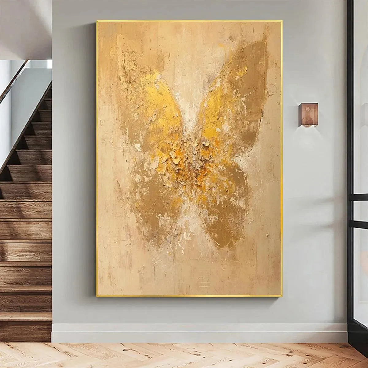 GOLDEN WINGS: Gold Butterfly Painting, Textured Wall Art, Vertical Canvas, Beige and Gold Decor - Image 2