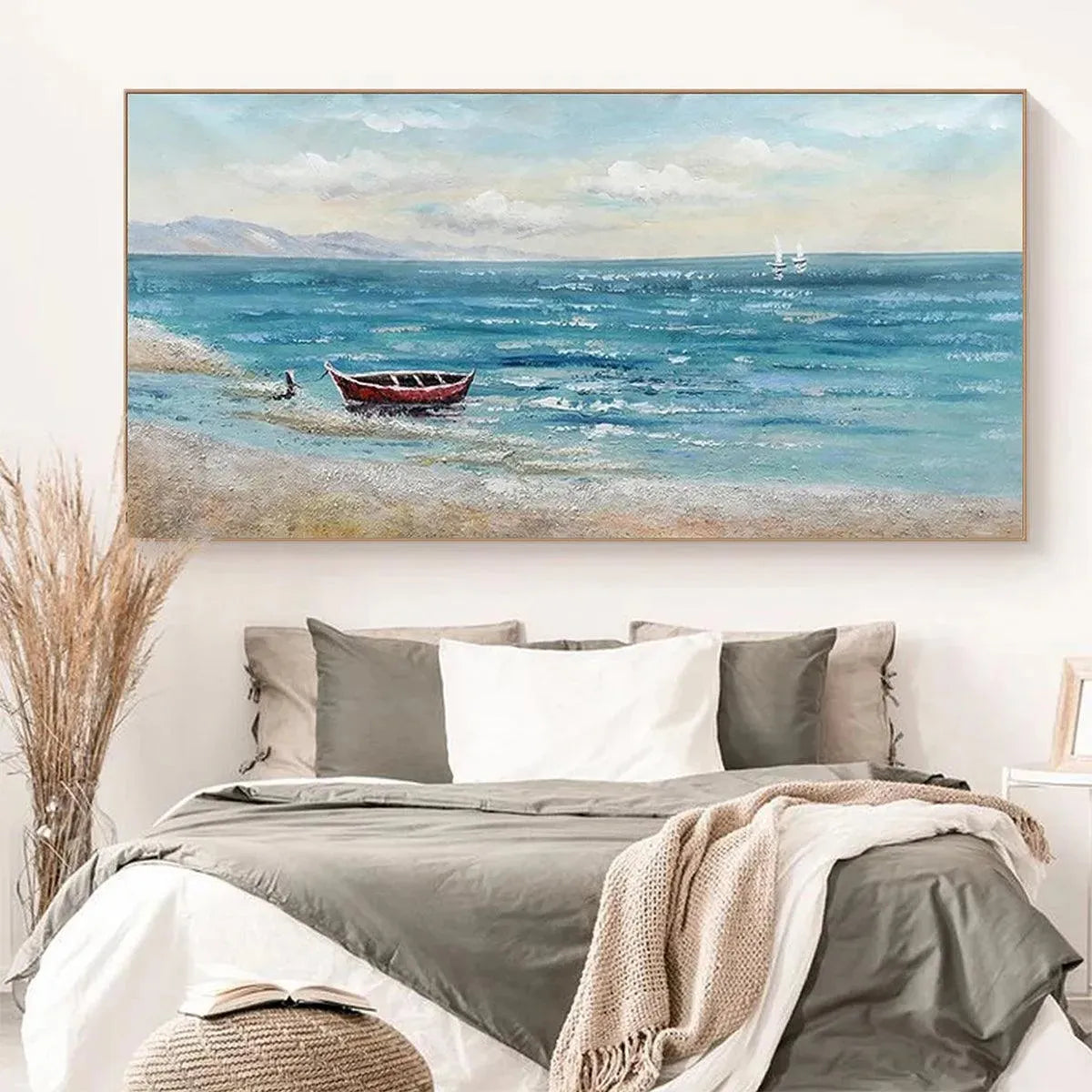 RED BOAT AT THE SHORE: Tranquil Coastal Landscape Painting - Image 8