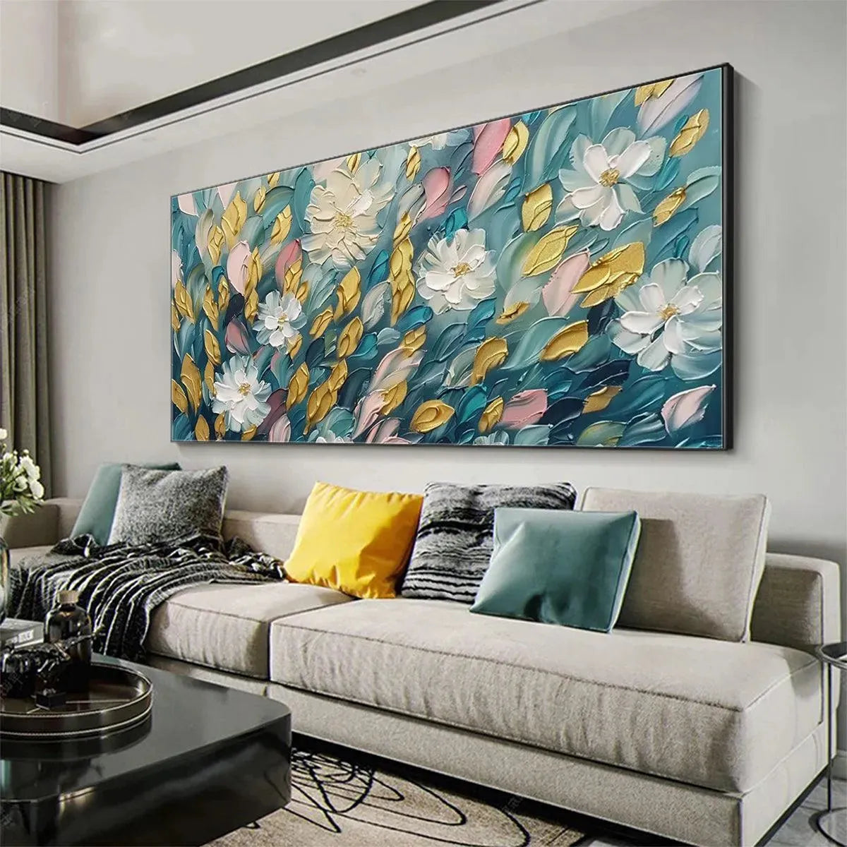 GOLDEN GARDEN: Textured Floral Painting in Teal and Gold - Image 7