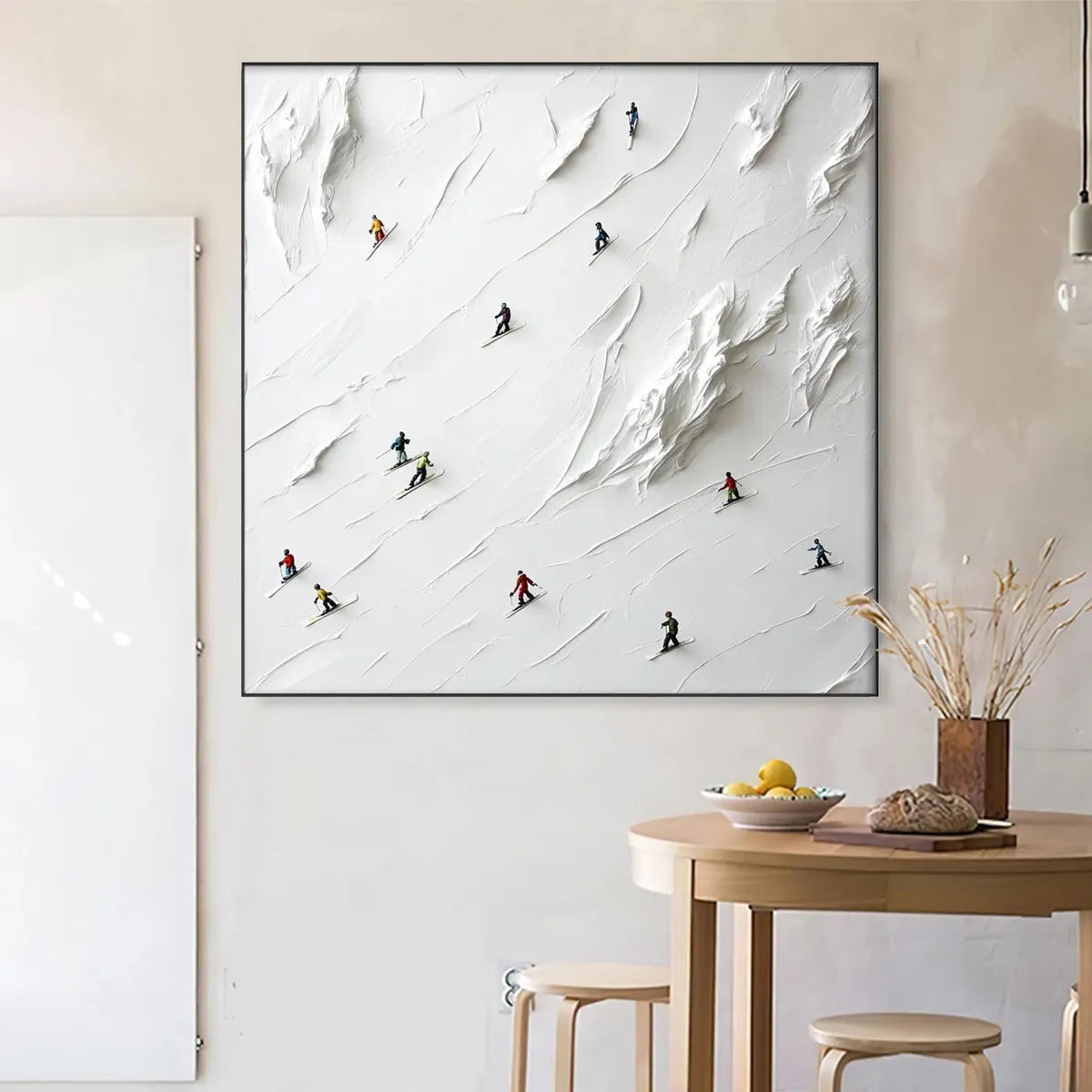 WHITE RUSH: Minimalist Skiing Painting on Textured Square Canvas - Image 9