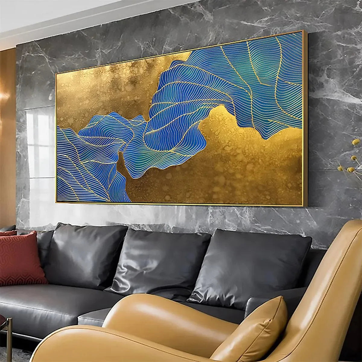 GOLDEN FLOW: Abstract Blue and Gold Oil Painting - Image 6