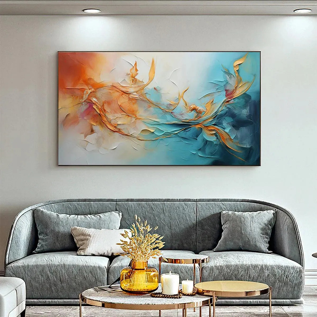 GOLDEN CURRENTS: Panoramic Abstract Teal and Gold Oil Painting - Image 7