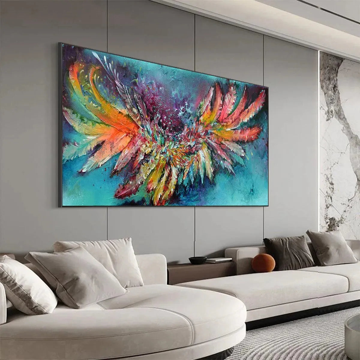 PLUMAGE FIRE: Vibrant Abstract Feather Oil Painting - Image 7