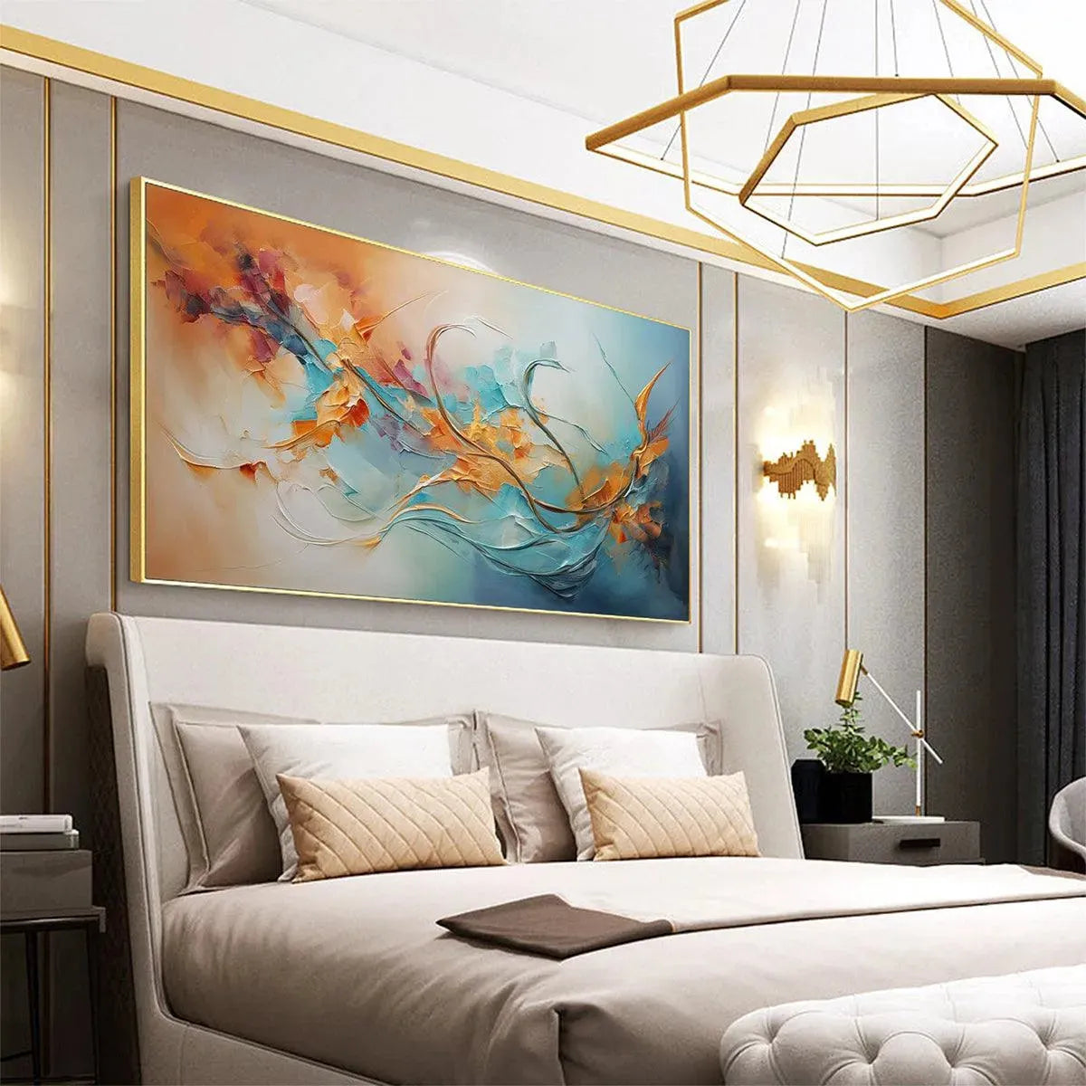 SERENE DAWN: Panoramic Abstract Teal and Gold Oil Painting - Image 8