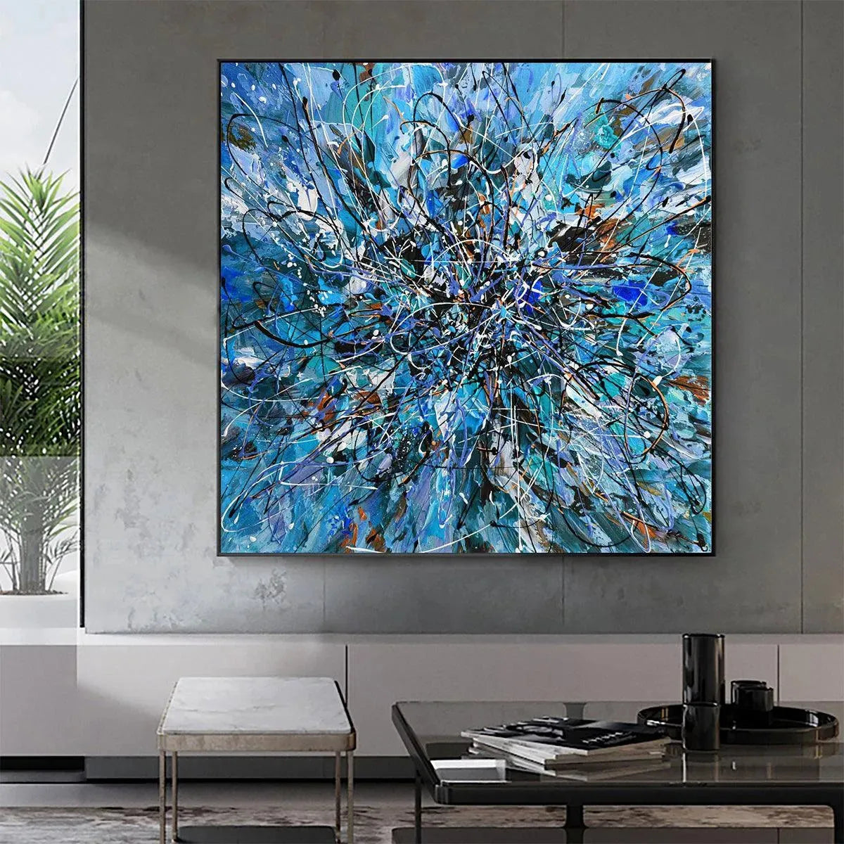 AZURE EXPLORATION: Abstract Blue and Black Oil Painting - Image 7