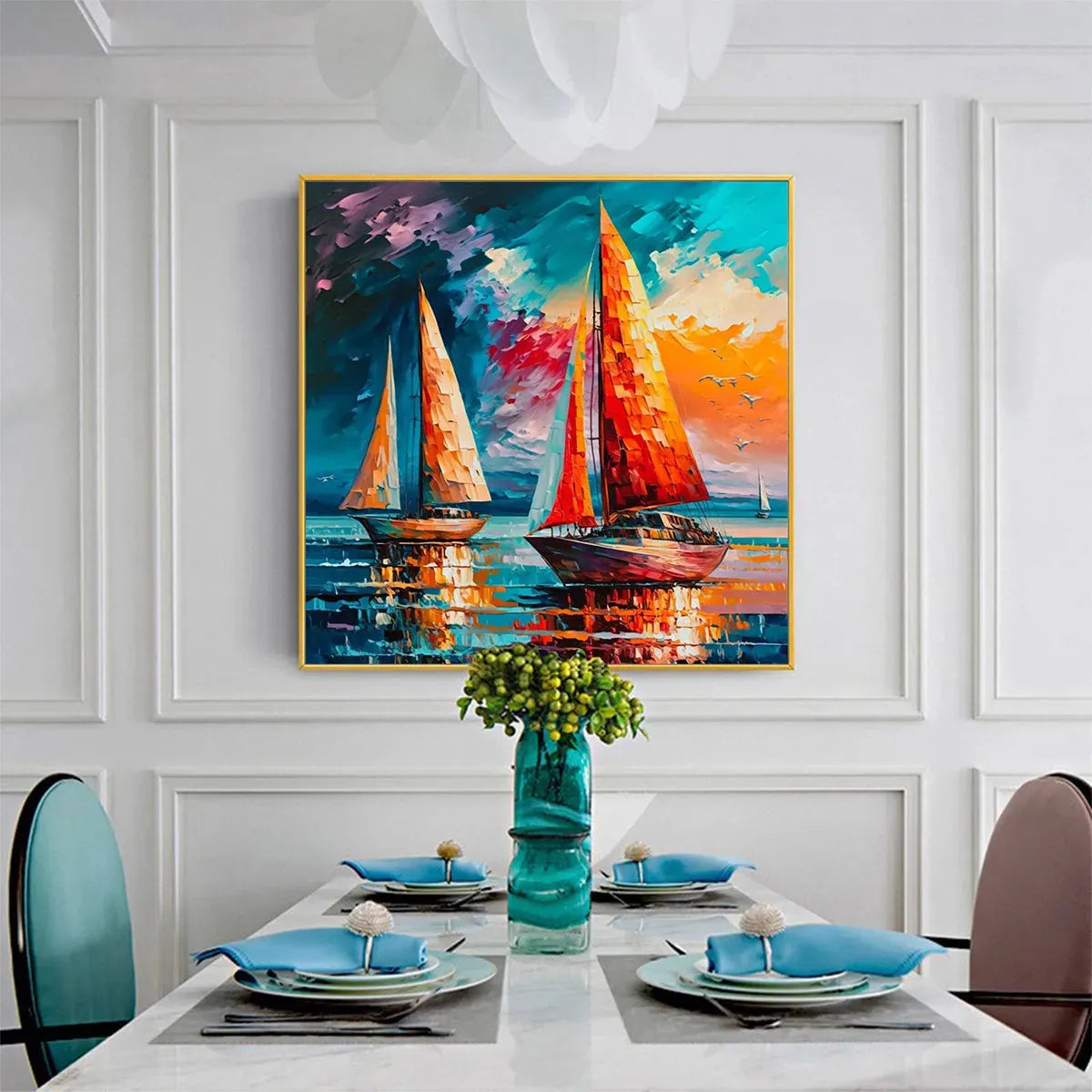 EVENING SAIL: Square Sailboat Painting, Colorful Sunset - Image 8