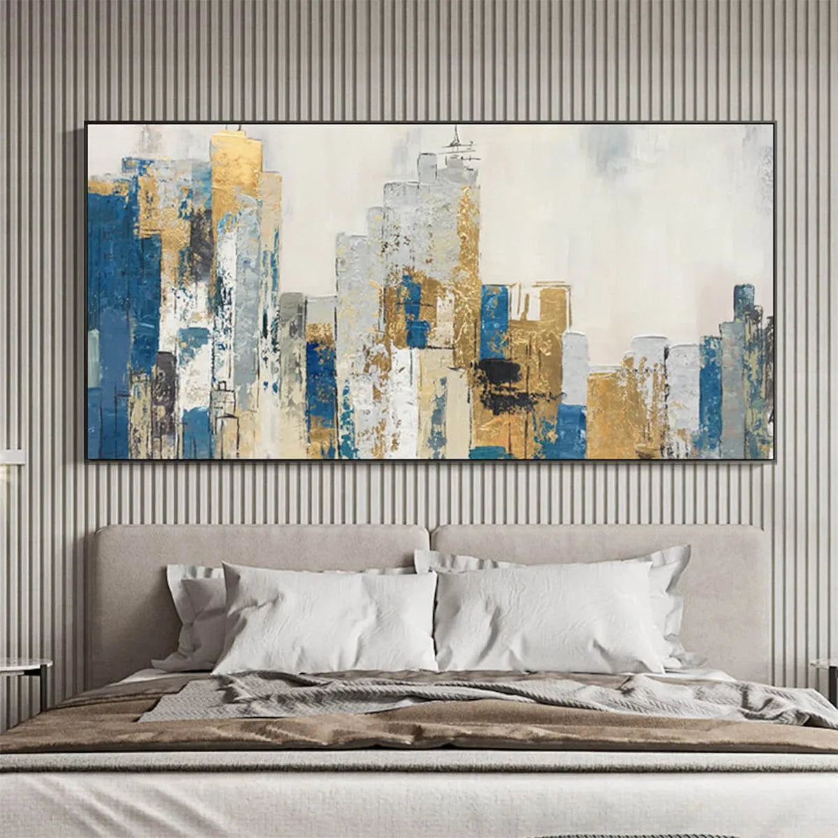 GOLDEN METROPOLIS: Abstract Cityscape Oil Painting in Gold and Blue - Image 7