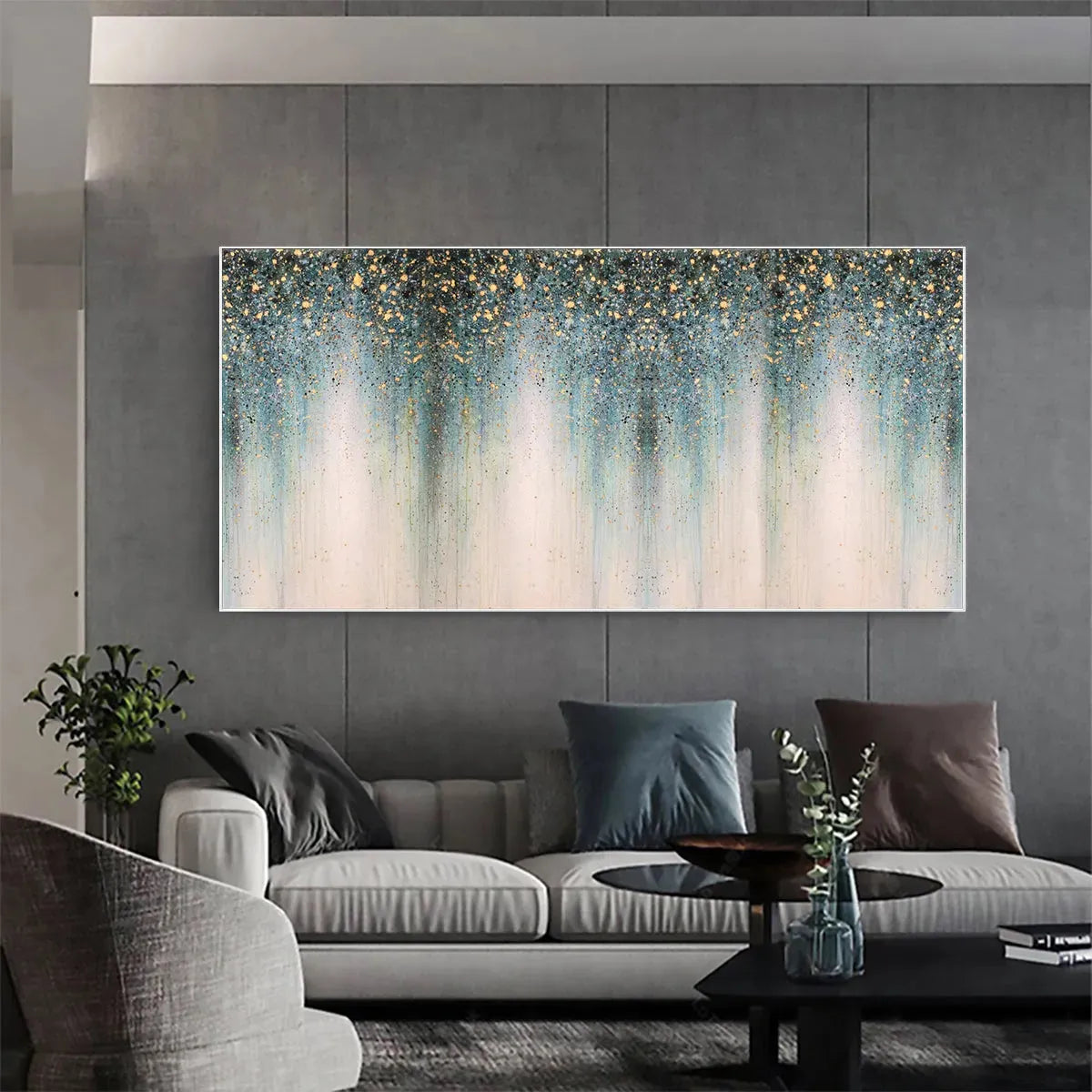 EMERALD RAIN: Panoramic Abstract Oil Painting with Gold and Green - Image 2