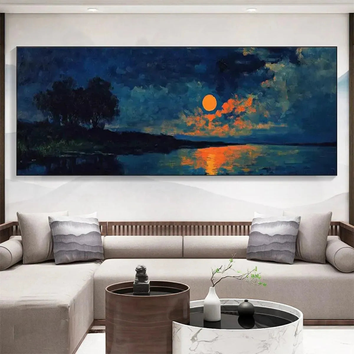 HARVEST MOON OVER THE LAKE PANORAMIC: Landscape Painting, Panoramic Wall Art, Moonlit Lake Decor - Image 2