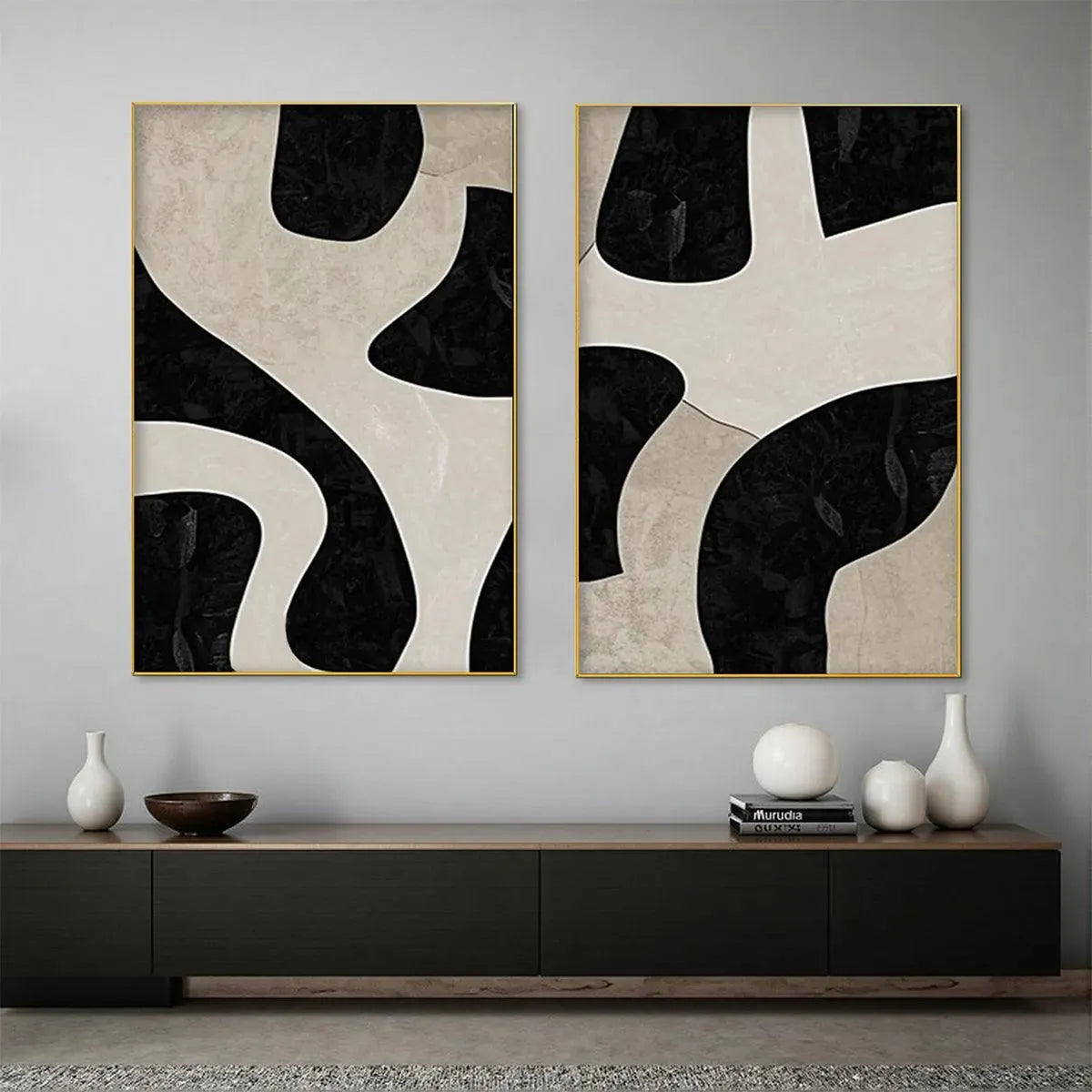 BLACK & BEIGE ABSTRACT DIPTYCH: Abstract Painting Set of 2, Vertical Wall Art - Image 7