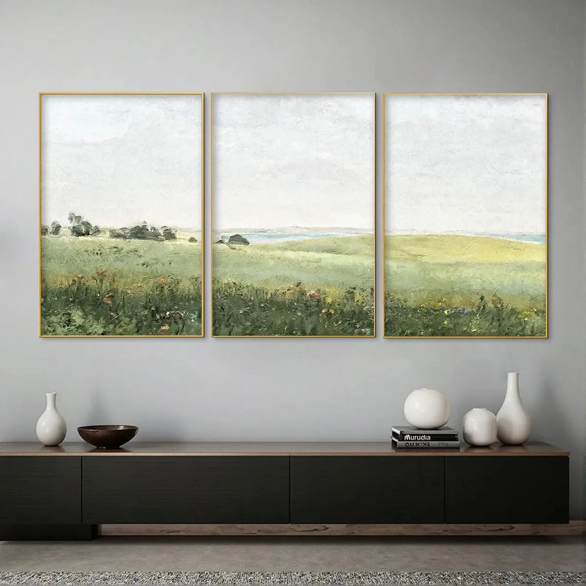 GREEN FIELD TRIPTYCH: Minimalist Landscape Painting Set of 3 - Image 2