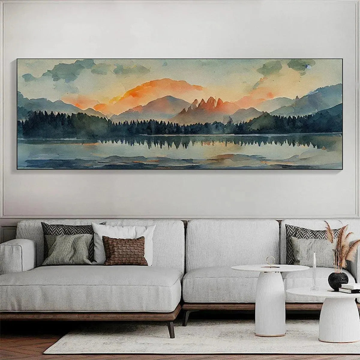 SUNSET SERENITY PANORAMIC: Landscape Painting, Panoramic Wall Art, Watercolor Decor - Image 2