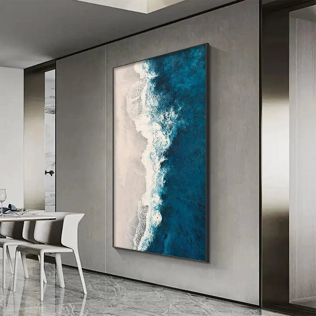AZURE COAST: Blue and Beige Abstract Coastal Painting for Living Room - Image 8