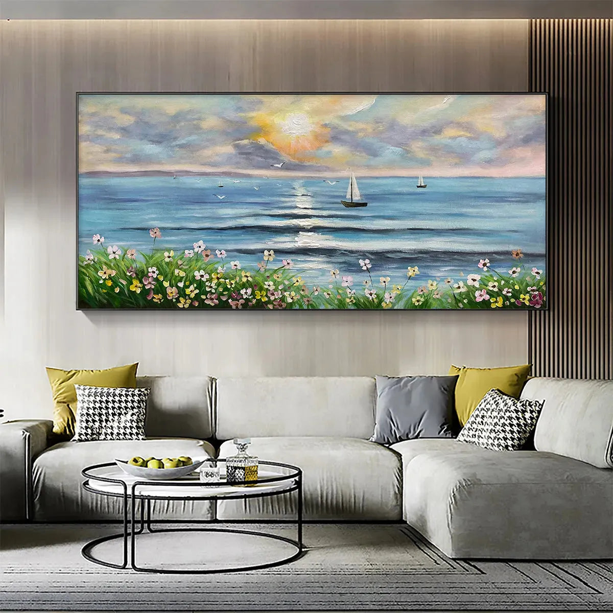 SUNSET SAIL: Coastal Sunset Painting, Sailboat and Wildflowers, Horizontal Canvas, Ocean Decor - Image 2