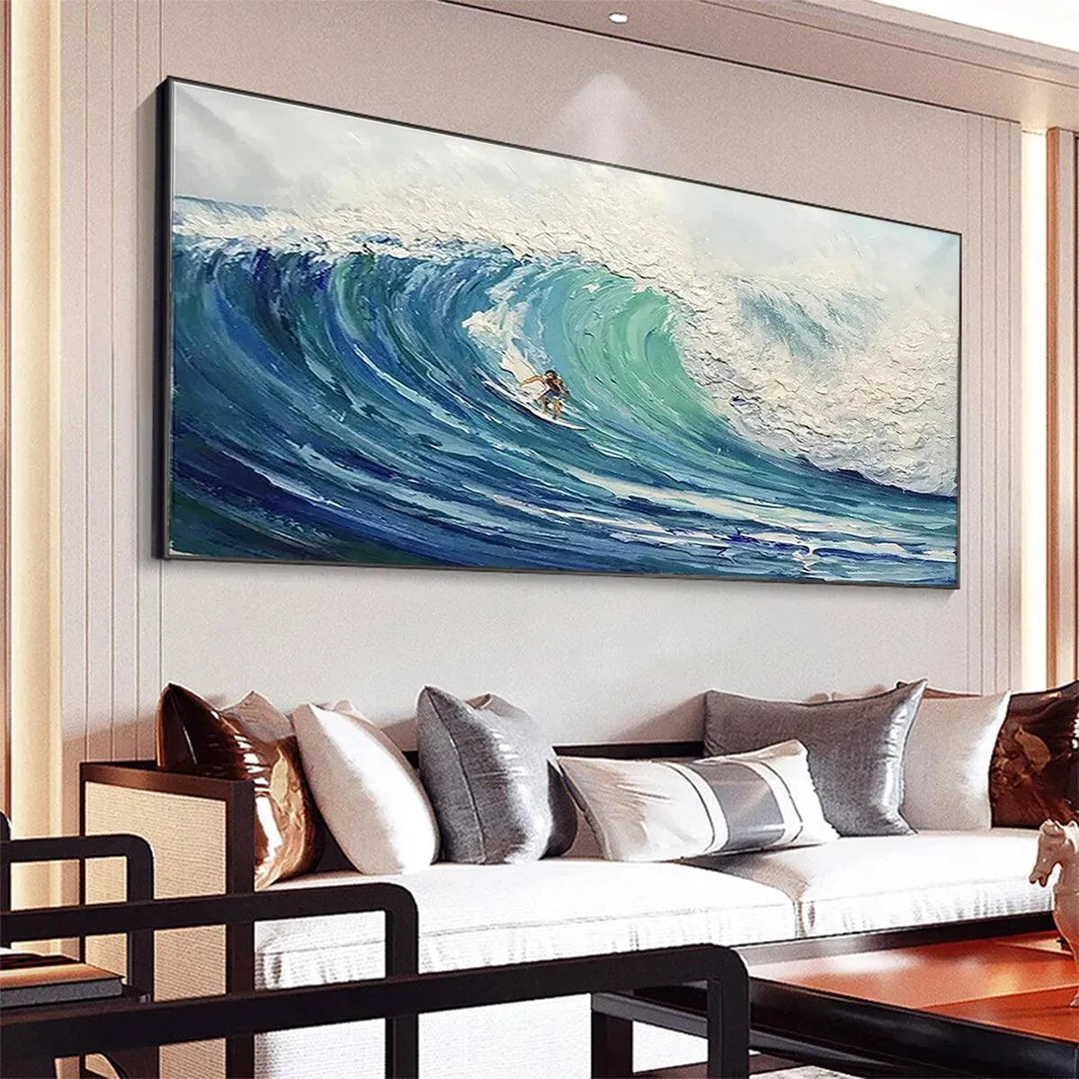 EMERALD SURGE: Textured Blue Ocean Wave Painting with Surfer - Image 6