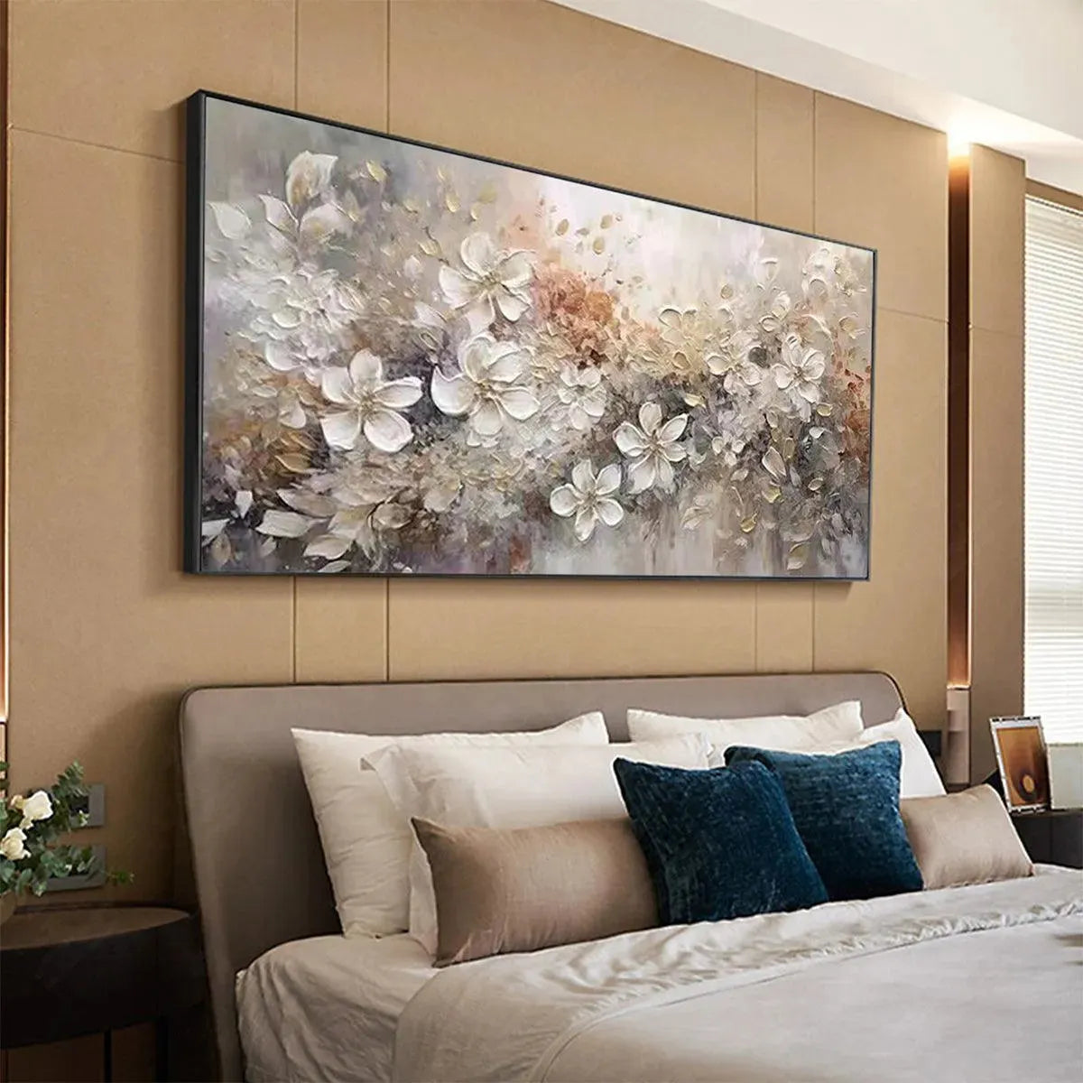 WHISPERING BLOSSOMS: Textured Beige and White Floral Impasto Painting - Image 8