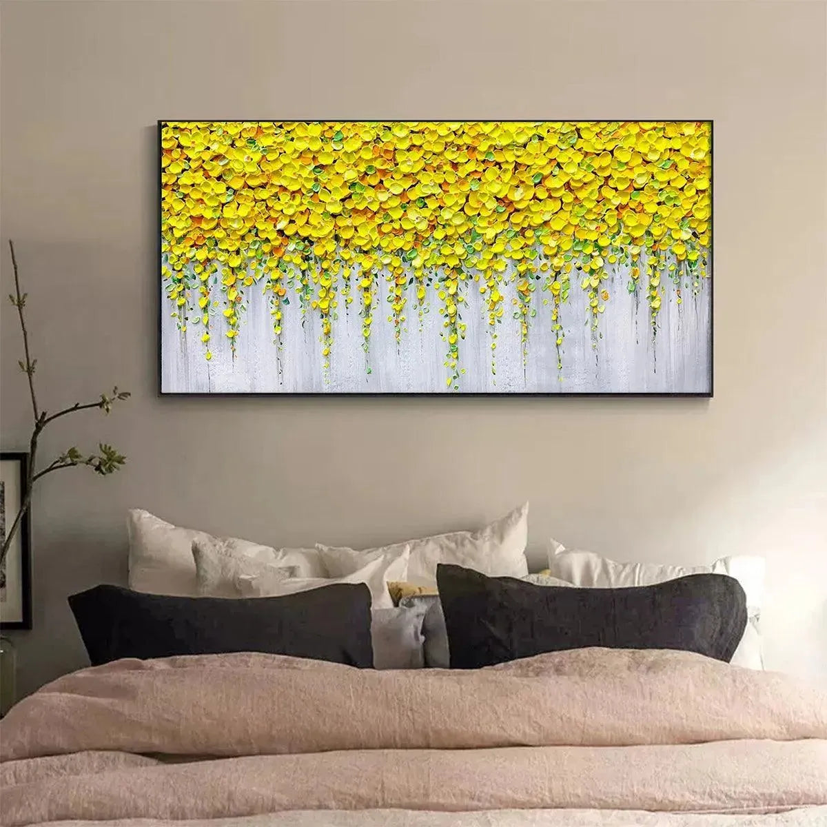 GOLDEN CASCADE: Textured Yellow Floral Painting on Grey Background - Image 8