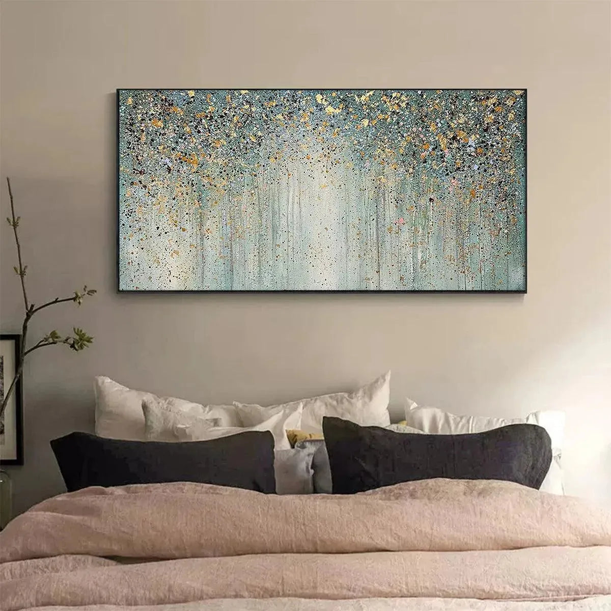 GOLDEN RAIN: Textured Abstract Landscape Painting in Green and Gold - Image 8