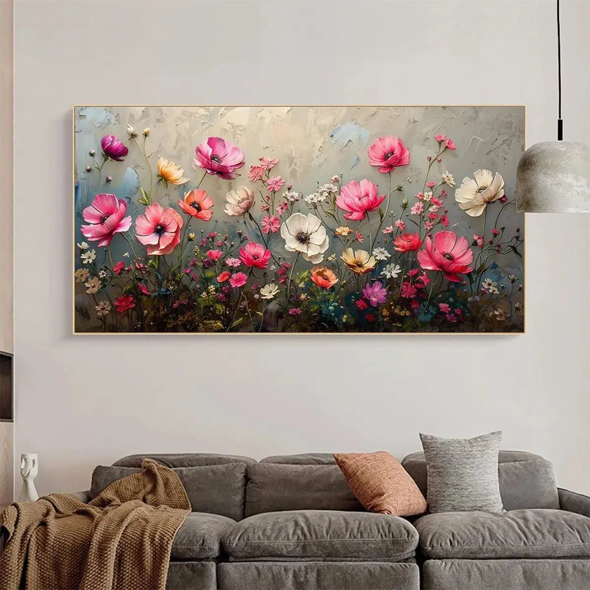 SUMMER BLOOM: Textured Pink and White Floral Painting on Grey Background - Image 8