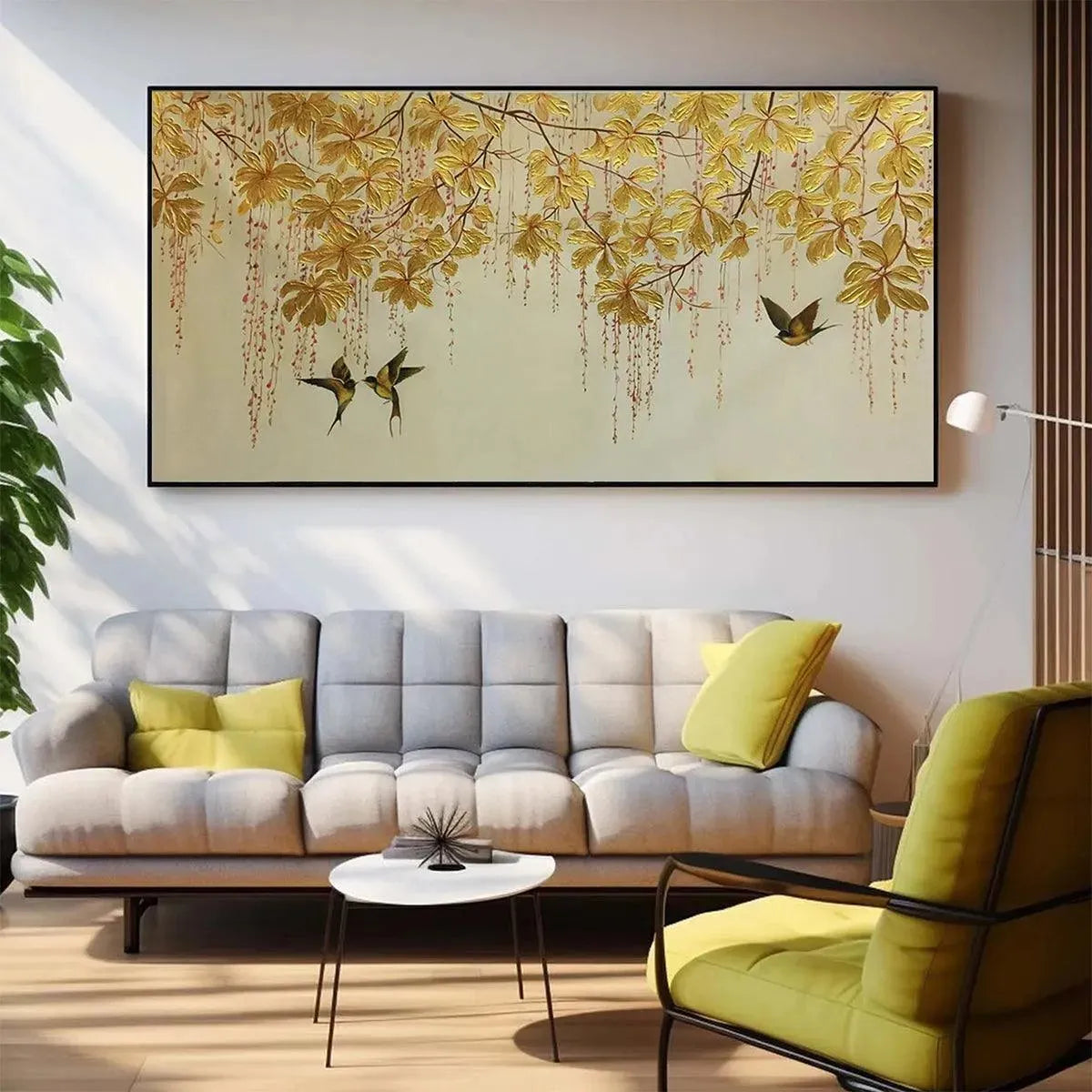 GOLDEN GARDEN: Panoramic Golden Leaf and Bird Painting | Asian Art - Image 2