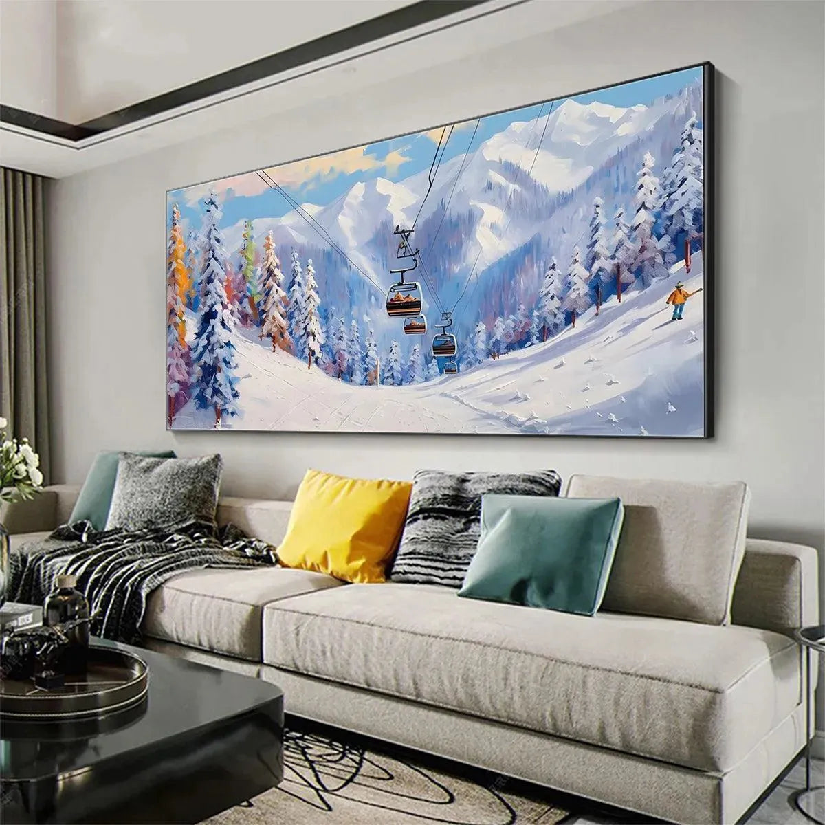 SNOWY SLOPES: Panoramic Ski Resort Landscape Painting - Image 10