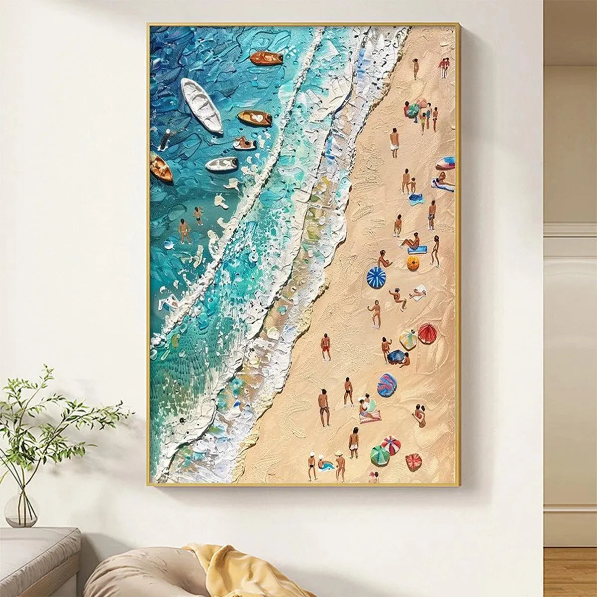 SUN-KISSED SHORES: Textured Beach Scene Painting with Figures - Image 8