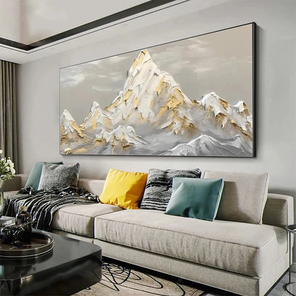 GOLDEN PEAKS: Textured Mountain Landscape Painting in Gold and Grey - Image 7