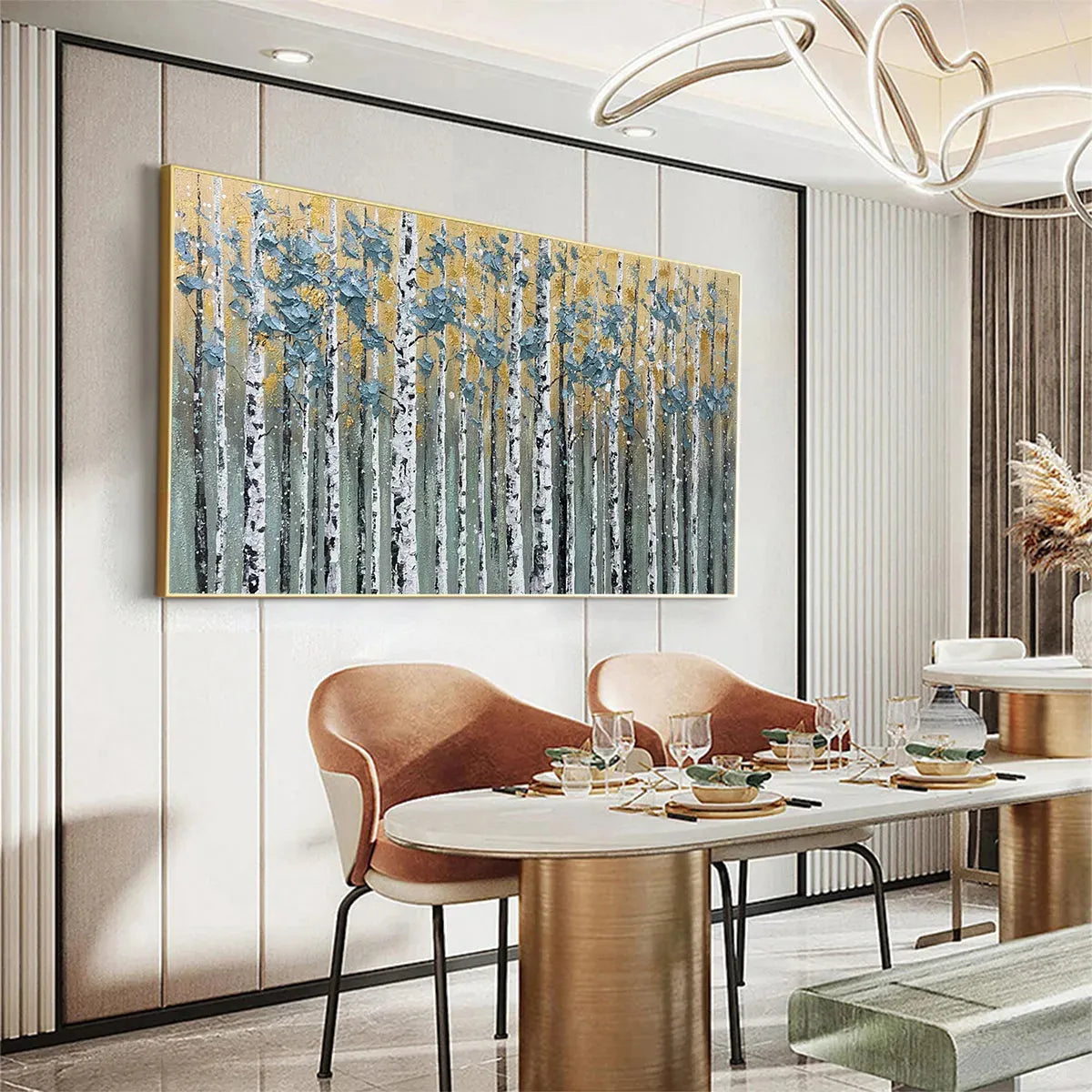 GOLDEN BIRCH GROVE: Textured Birch Tree Painting, Gold and Green Wall Art, Horizontal Canvas, Forest Decor - Image 9