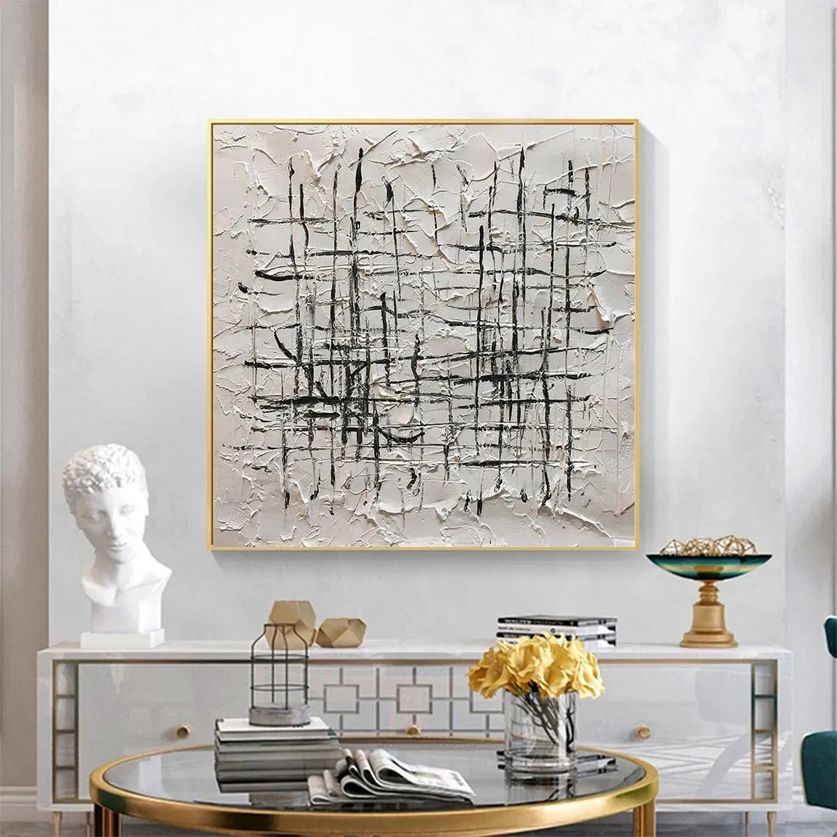 WOVEN LINES: Textured Minimalist Abstract Painting in Black and White - Image 3