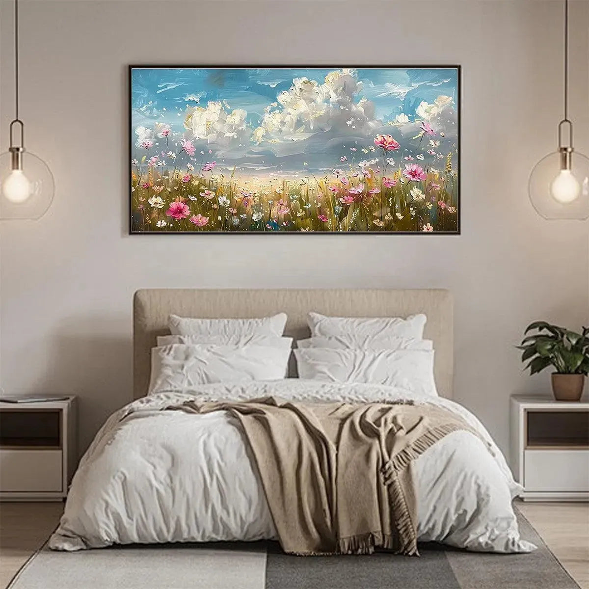 COSMOS FIELD: Textured Floral Landscape Painting, Impasto Wall Art, Horizontal Canvas, Wildflower Decor - Image 4