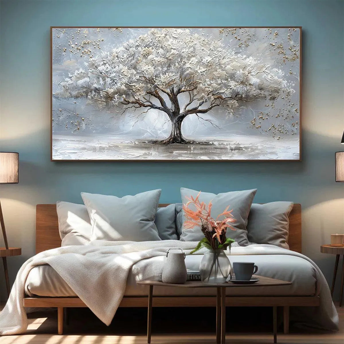 SILVER LINING: Textured White and Gold Tree Painting on Grey Background - Image 8